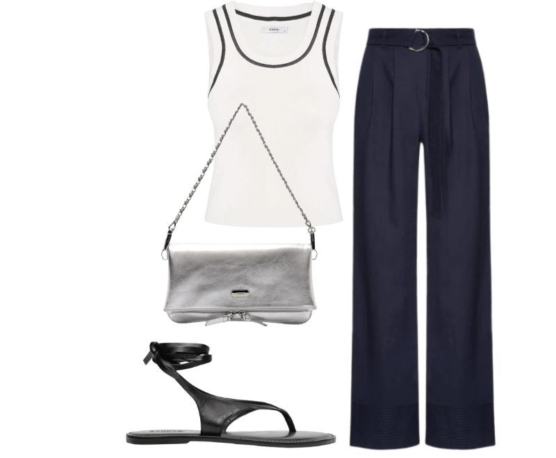 Sandália Feminina Salto Rasteiro Preto Schutz ; Regata Feminina Tricot Bicolor Off White Basiq ; Calça Feminina Pantalona Com Cinto Azul Basiq ; Bolsa Feminina Tiracolo Couro Média Dobrável Prateado Arezzo