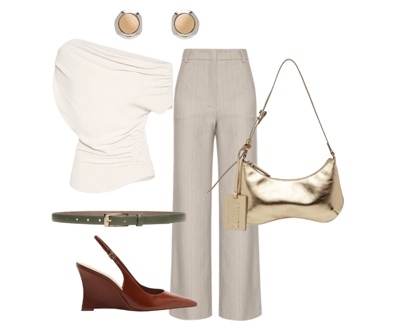 Blusa Feminina Com Decote Assimétrico E Franzidos Laterais Bege '2Essential ; Cinto Feminino Em Couro Com Fivela Quadrada Verde Basiq ; Calça Feminina Aurora Bege Le Lis ; Brinco Feminino Metal Misto Escovado Dourado Basiq ; Scarpin Slingback Anabela Couro Salto Alto Marrom Arezzo ; Bolsa Feminina Média Stellare Tecno Dourado Schutz