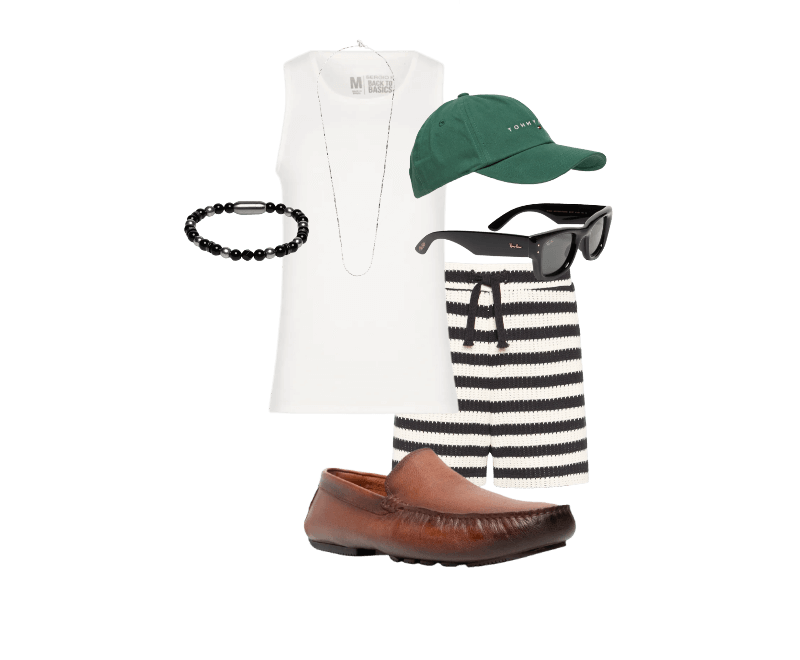 Regata Masculina Em Ribana Off White Sergio K ; Óculos Unissex Wayfarer Puffer Preto Ray-ban ; Boné Masculino Linear Logo Verde Tommy Jeans ; Pulseira Masculina Titã Preto Key Design ; Bermuda Masculina Stripes Knit Preto Osklen ; Corrente Masculina Tijolinho Prateado Key Design ; Sapato Masculino Driver Mocassim Couro Legítimo Bege '2 Essential