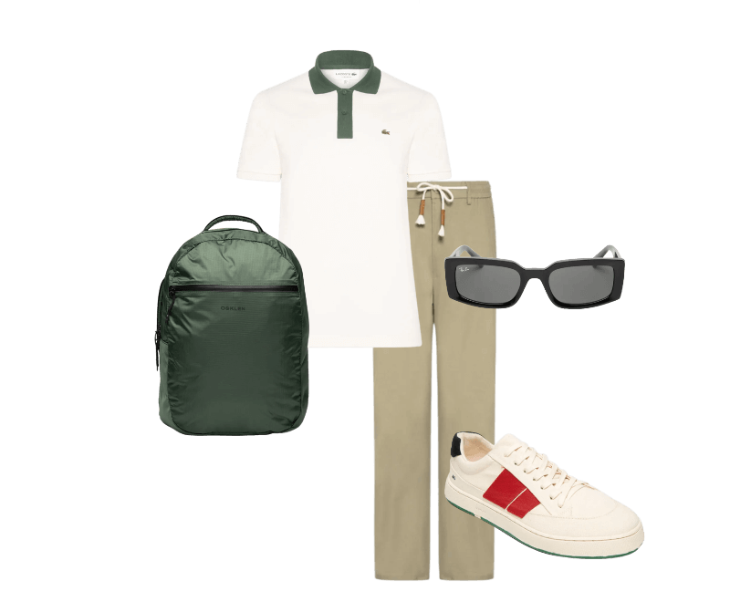 Óculos Unissex Kiliane Bio-Based Preto Ray-ban ; Tênis Masculino Canvas AG Sneaker Off White Osklen ; Calça Masculina Sarja Cós Elástico Cordão Slim Verde '2 Essential ; Mochila Masculina Nylon Super Light Verde Osklen ; Polo Masculina Classic Fit Contrast Collor Verde Lacoste