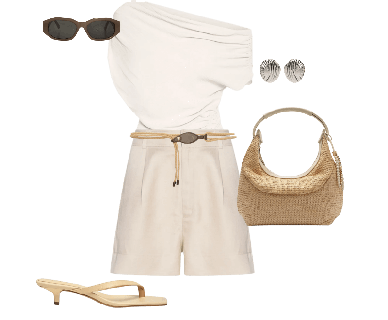 Short Feminino Com Linho Chino Bege Animale ; Blusa Feminina Com Decote Assimétrico E Franzidos Laterais Bege '2Essential ; Cinto Feminino Couro Cordão Bege Arezzo + Lenny Niemeyer ; Bolsa Feminina Tiracolo Couro Média Dobrável Bege Arezzo + Isla ; Sandália Feminina Grease Bege Luiza Barcelos ; Óculos De Sol Feminino Adulto Amsterdã Fendi Cinza Helena Bordon ; Brinco Feminino Texturizado Em Metal Fosco Prateado '2Essential