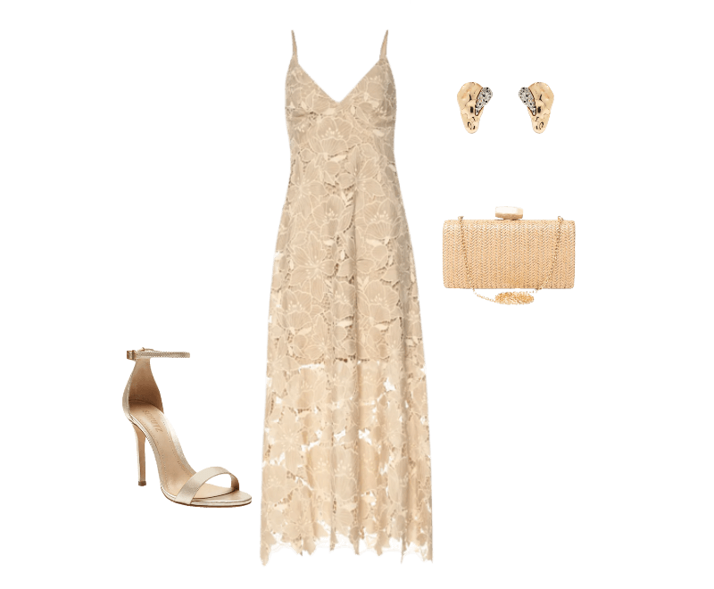 Bolsa Feminina Clutch Em Palha Bege Basiq ; Sandália Feminina Isabelli Couro Dourado Schutz ; Vestido Mel Bege Le Lis ; Brinco Feminino Gota Orgânica + Druza Metal Fixo Duo Ouro Mix Dourado D'santis Joias