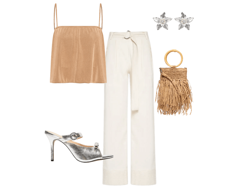 Sandália Feminina Metalcolor Prateado Luiza Barcelos ; Brinco Feminino Lírio Prateado Market 33 ; Blusa Feminina Alcinha Balonê Bege Maria Filó ; Bolsa Feminina De Palha Com Franjas Bege Mktbeach ; Calça Feminina Pantalona Com Cinto Bege Basiq