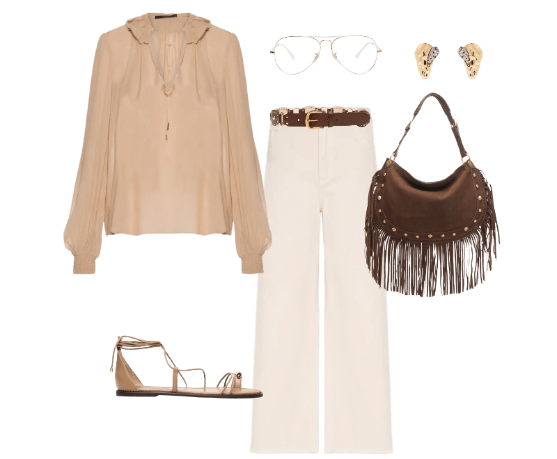 Sandália Feminina Salto Rasteiro Marrom Schutz ; Bata Feminina Com Gola Babado Bege Animale ; Calça Feminina Sarja Cropped Wide Off White Maria Filó ; Brinco Feminino Gota Orgânica + Druza Metal Fixo Duo Ouro Mix Dourado D'santis Joias ; Cinto Feminino Jamie Marrom Vicenza  ; Bolsa Feminina Couro Franjas Marrom Arezzo ; Ray ban