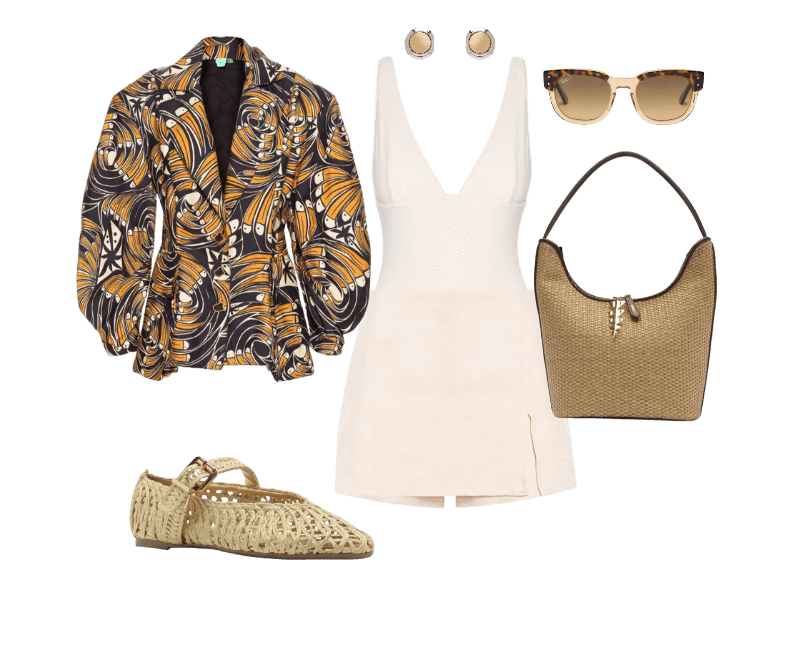 Óculos De Sol Feminino Mega Hawkeye Marrom Ray-ban ; Maiô Alça Reta Saint Tropez Off White Body For Sure ; Sapatilha Bordada Vazada Fivela Bege Arezzo ; Short Saia Leve Com Fenda Bege Basiq ; Blazer Feminino Leque De Tucano Preto Farm ; Bolsa Feminina Hobo Bege Palha Grande Bege Arezzo + Lenny Niemeyer ; Brinco Feminino Metal Misto Escovado Dourado Basiq