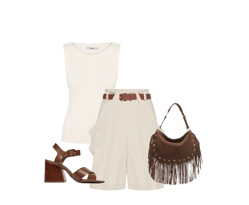 Sandália Feminina Daisy Salto Bloco Couro Marrom Schutz ; Regata Feminina Tricot Básica Off White Basiq ; Bolsa Feminina Couro Franjas Marrom Arezzo ; Short Feminino Prega Alfaiataria com Cinto Bege Animale Jeans