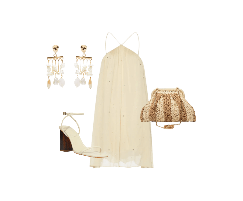 Brinco Feminino Madrepérolas Laguna Off White Dress To ; Macaquinho Feminino Com Pérolas e Brilhos Bege Animale ; Bolsa Feminina De Palha Bicolor Bege Market 33 ; Sandália Feminina Bloco Andy Couro Branco Schutz + Nati Vozza