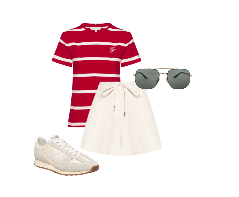 Camiseta Feminina Script Reg Vermelho Tommy Hilfiger ; Tênis Feminino 471 Off White New Balance ; Short Feminino Alana I Bege Le Lis ; Óculos De Sol Unissex Dourado Ray-ban