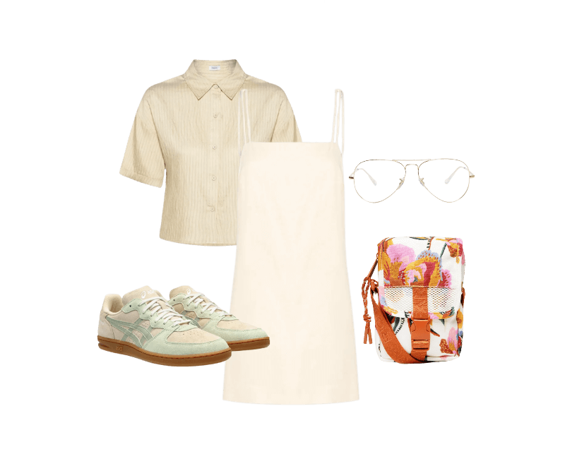Bolsa Feminina Fervo Lucia Off White Farm Etc ; Tênis Feminino Skyhand OG Bege Asics ; Vestido Curto Detalhe Alça Off White Dress To ; Camisa Feminina Manga Curta Bege Basiq ; Ray ban