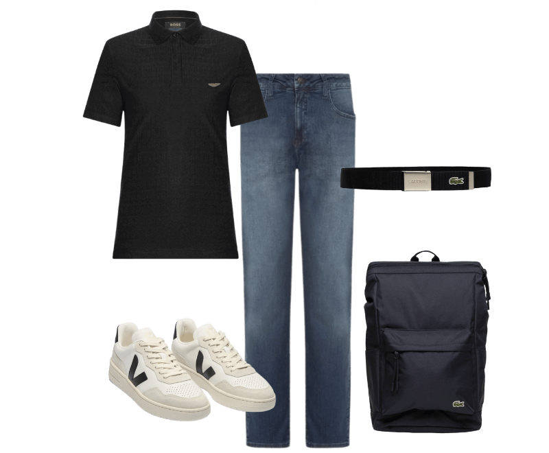 Tênis Masculino V-90 O.T. Leather Branco Veja ; Calça Masculina Jeans Skinny 5 Pockets Azul Calvin Klein Jeans ; Polo Masculina Manga Curta Aston Martin L-Tracy Preto Boss ; Mochila Masculina Azul Lacoste ; Cinto Masculino Made In France Gravação Preto Lacoste