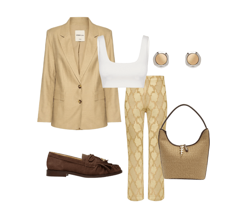 Blazer Feminino Bege Hering ; Mocassim Feminino Camurção Marrom Luiza Barcelos ; Top Feminino Off White Hering Sports ; Calça Feminina Coen Bege Vix ; Bolsa Feminina Hobo Bege Palha Grande Bege Arezzo + Lenny Niemeyer ; Brinco Feminino Metal Misto Escovado Dourado Basiq