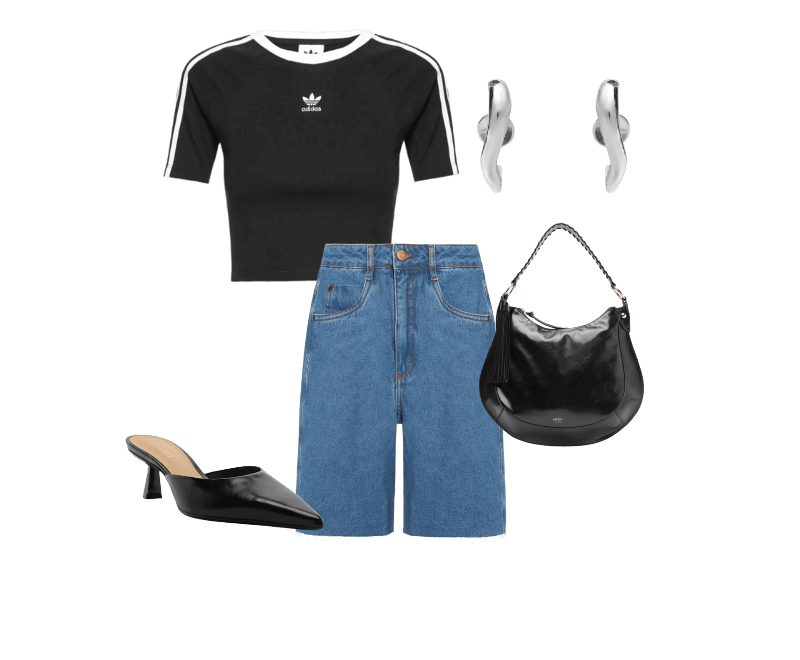 Bermuda Feminina Jeans Costura Deslocada Azul Dress To ; Mule Feminino Salto Médio Fino Preto Arezzo ; Brinco Feminino New Organic Bold Prata Andressa Delamuta ; Bolsa Feminina Hobo Grande Barbicacho Preto Arezzo ; Camiseta Feminina Cropped 3 Stripes Preto Adidas Originals