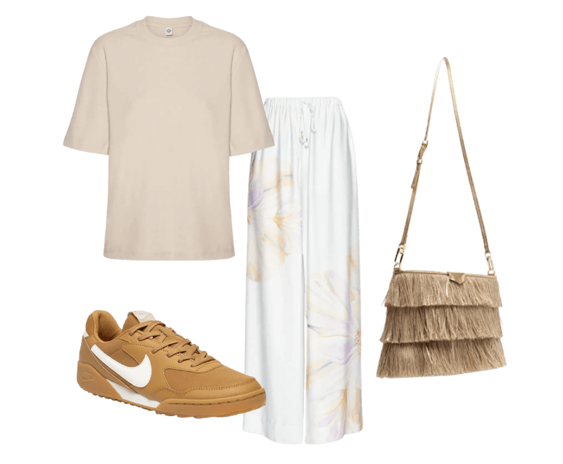 Bolsa Pequena Feminina Ouro Bege Arezzo + Lenny Niemeyer ; Tênis Feminino Terra Manta Bege Nike ; Calça Feminina Pantalona Perola Do Mar Off White Farm ; Blusa Feminina Meia Malha Bege Hering