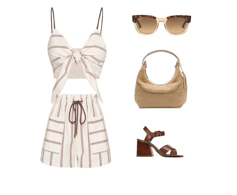 Óculos De Sol Feminino Mega Hawkeye Marrom Ray-ban ; Bolsa Feminina Tiracolo Couro Média Dobrável Bege Arezzo + Isla ; Sandália Feminina Daisy Salto Bloco Couro Marrom Schutz ; Short Feminino Clouchard Cintura Alta Branco Lança Perfume ; Top Cropped Double Off White Lança Perfume