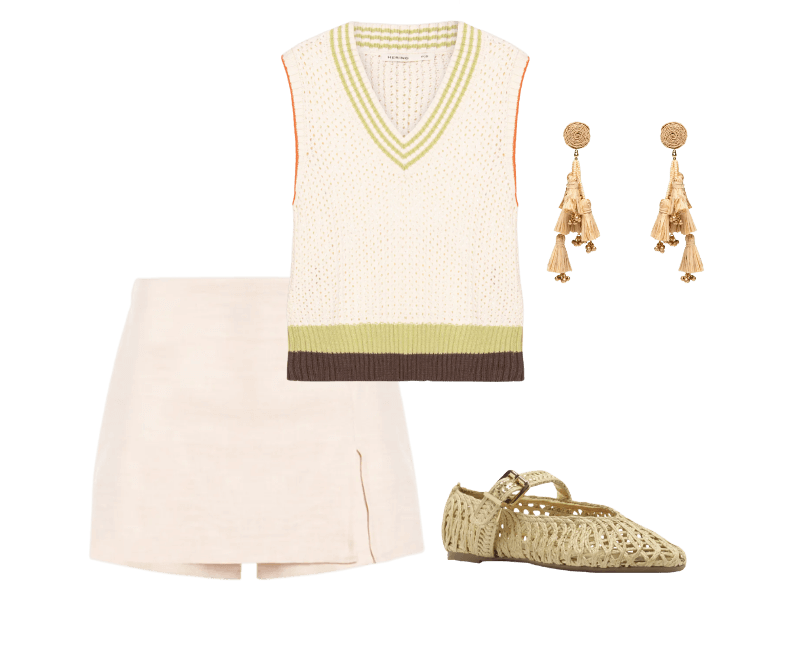 Sapatilha Bordada Vazada Fivela Bege Arezzo ; Colete Feminino Tricot Bege Hering ; Short Saia Leve Com Fenda Bege Basiq ; Brinco Feminino Palha Verdejar Bege Dress To