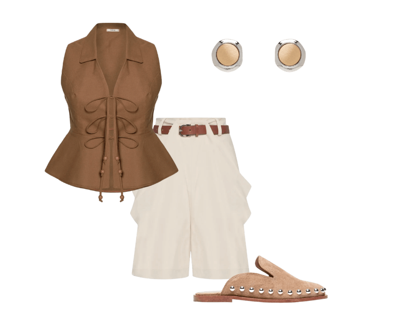 Brinco Feminino Metal Misto Escovado Dourado Basiq ; Mule Feminino Camurça Bege Vicenza  ; Blusa Feminina Peplum Amarração Marrom Cacay  ; Short Feminino Prega Alfaiataria com Cinto Bege Animale Jeans