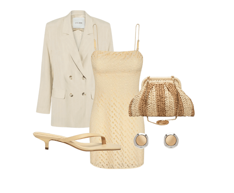 Vestido Curto Venice DT Amarelo Vix ; Bolsa Feminina De Palha Bicolor Bege Market 33 ; Blazer Feminino De Alfaiataria Fio Tinto Bege Animale Jeans ; Sandália Feminina Grease Bege Luiza Barcelos ; Brinco Feminino Metal Misto Escovado Dourado Basiq