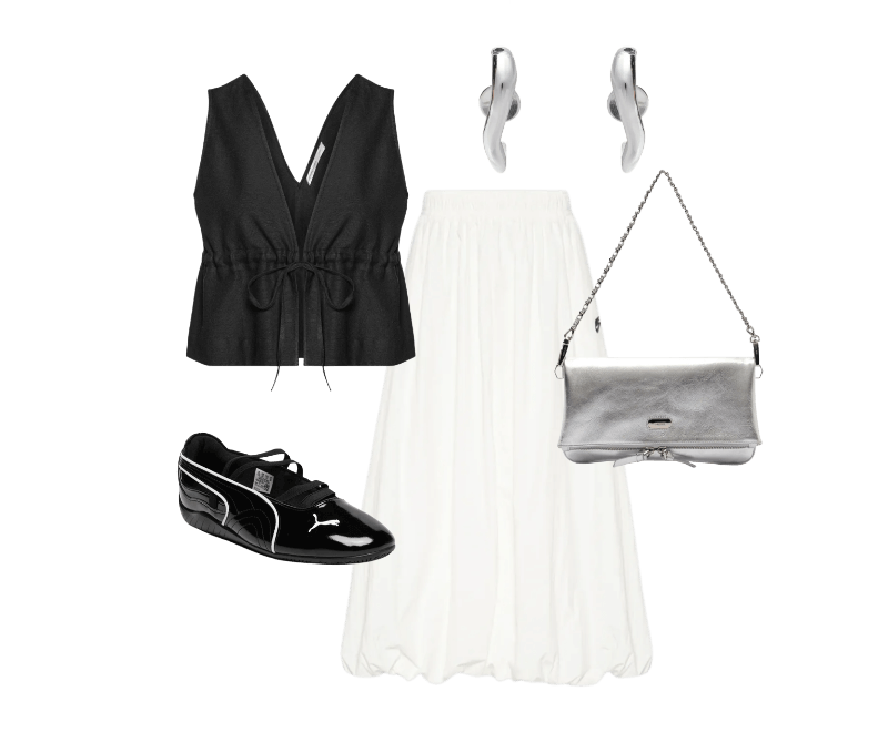 Saia Windrunner Branco Nike ; Tênis Feminino Speedcat Ballet Preto Puma ; Brinco Feminino New Organic Bold Prata Andressa Delamuta ; Bolsa Feminina Tiracolo Couro Média Dobrável Prateado Arezzo ; Blusa Feminina Decote V Com Linho Preto Hering