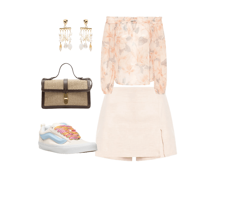 Brinco Feminino Madrepérolas Laguna Off White Dress To ; Bolsa Feminina Tiracolo Natural Palha Bege Arezzo ; Blusa Feminina Ombro A Ombro Estampa Flora Bege Maria Filó ; Tênis Feminino Ua Knu Skool Bege Vans ; Short Saia Leve Com Fenda Bege Basiq