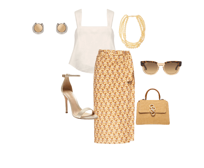 Óculos De Sol Feminino Mega Hawkeye Marrom Ray-ban ; Top Alana II Bege Le Lis ; Bolsa Feminina Média Tiracolo Ráfia Bege Schutz ; Colar Feminino Mia Bege Le Lis ; Saia Midi Estampa Cali Bege Maria Filó ; Sandália Feminina Isabelli Couro Dourado Schutz ; Brinco Feminino Metal Misto Escovado Dourado Basiq