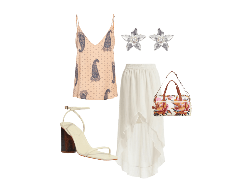 Brinco Feminino Lírio Prateado Market 33 ; Saia Clarice Off White Triya ; Blusa Feminina Alcinha Gold Blue Bege Maria Filó ; Bolsa Feminina Findi Floral Lucia Off White Farm Etc ; Sandália Feminina Bloco Andy Couro Branco Schutz + Nati Vozza