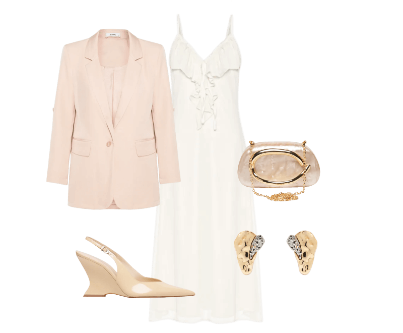 Vestido Midi Com Babado Bege Market 33 ; Blazer Feminino Com Martingale Bege Basiq ; Bolsa Feminina Clutch Perolada Com Detalhe Orgânico Metalizado Bege Market 33 ; Sandália Feminina Siena Buckle Verniz Bege Schutz ; Brinco Feminino Gota Orgânica + Druza Metal Fixo Duo Ouro Mix Dourado D'santis Joias