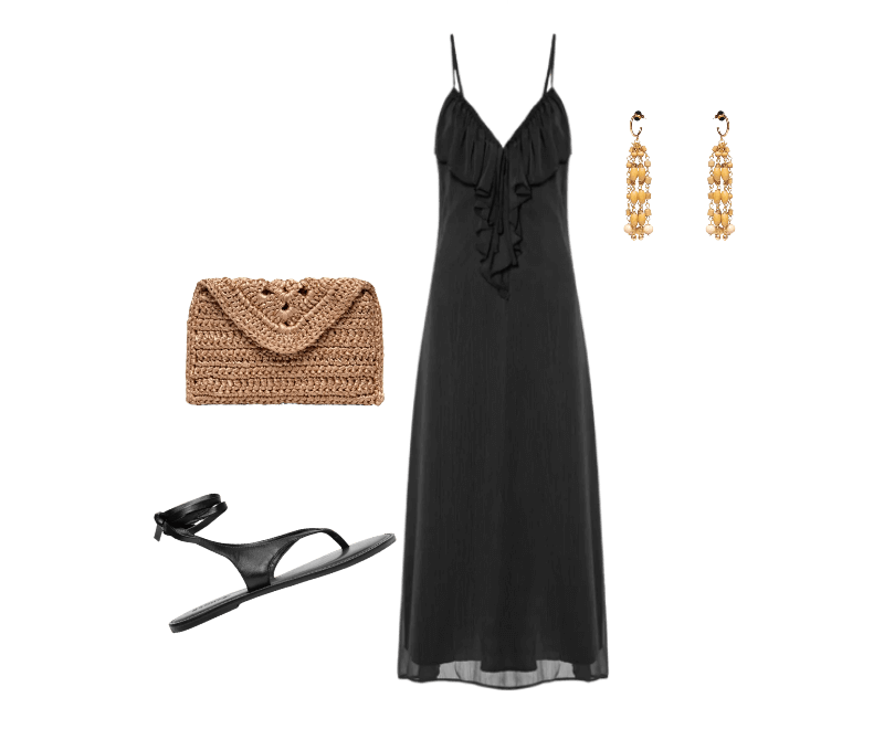 Sandália Feminina Salto Rasteiro Preto Schutz ; Bolsa Feminina Carteira Amie Bege Catarina Mina ; Brinco Feminino Som Do Mar Madeirinhas Bege Dress To ; Vestido Midi Com Babado Preto Market 33