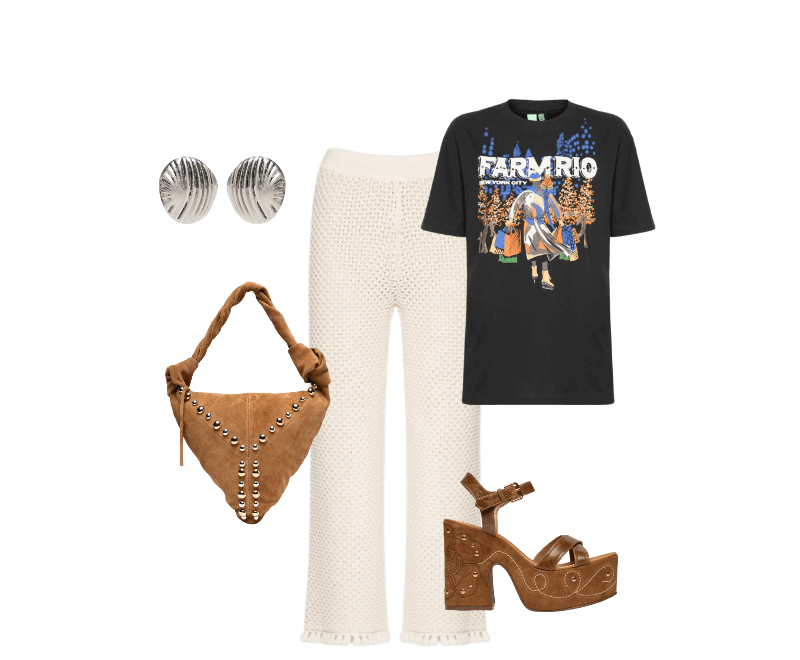Camiseta Feminina Média Patinando Em NY Preto Farm ; Calça Feminina Blimblom Off White Anselmi ; Brinco Feminino Texturizado Em Metal Fosco Prateado '2Essential ; Bolsa Feminina Grande Camurça Marrom Vicenza + Iorane  ; Sandália Feminina Meia Pata Cracked Bege Vicenza