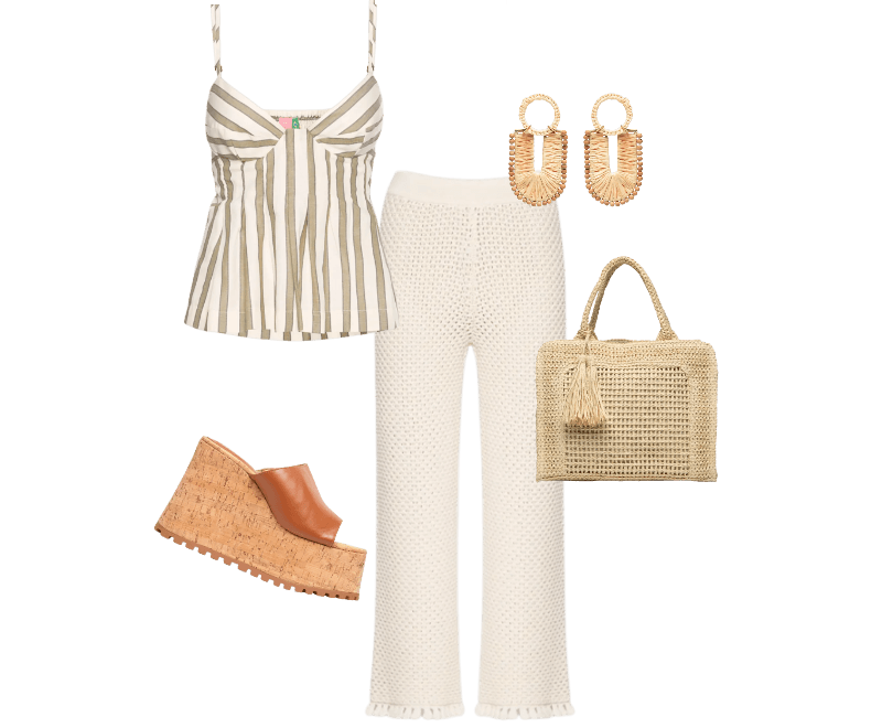Brinco Feminino Veranil Palha Bege Dress To ; Calça Feminina Blimblom Off White Anselmi ; Bolsa Feminina Tiracolo de Palha Bege Basiq ; Blusa Listra Morere Branco Farm ; Sandália Feminina Grease Bege Luiza Barcelos
