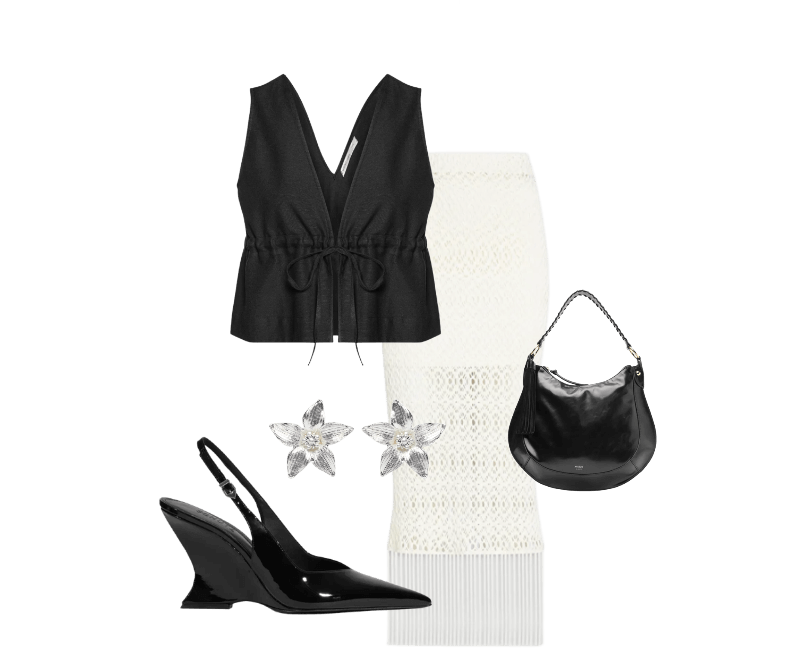 Brinco Feminino Lírio Prateado Market 33 ; Saia Malena Branco Triya ; Sandália Feminina Siena Buckle Verniz Preto Schutz ; Bolsa Feminina Hobo Grande Barbicacho Preto Arezzo ; Blusa Feminina Decote V Com Linho Preto Hering