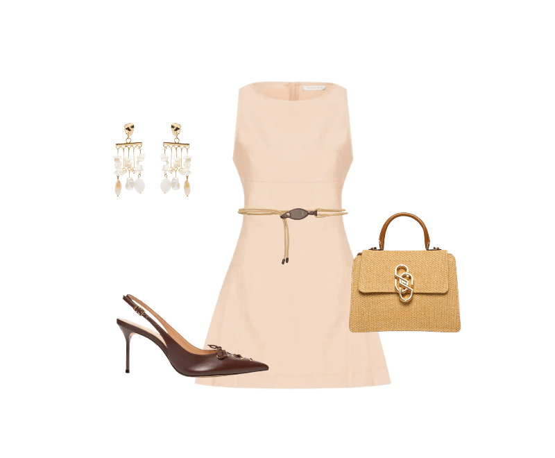 Bolsa Feminina Média Tiracolo Ráfia Bege Schutz ; Brinco Feminino Madrepérolas Laguna Off White Dress To ; Cinto Feminino Couro Cordão Bege Arezzo + Lenny Niemeyer ; Vestido Curto Feminino Bege Market 33 ; Scarpin Slingback Sabrine Couro Marrom Schutz