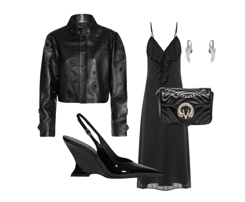 Vestido Midi Com Babado Preto Market 33 ; Jaqueta Feminina De Couro Multi Ilhoses Preto Animale ; Sandália Feminina Siena Buckle Verniz Preto Schutz ; Brinco Feminino New Organic Bold Prata Andressa Delamuta ; Bolsa Feminina Cint-Lar Camurça Premium Preto Vicenza