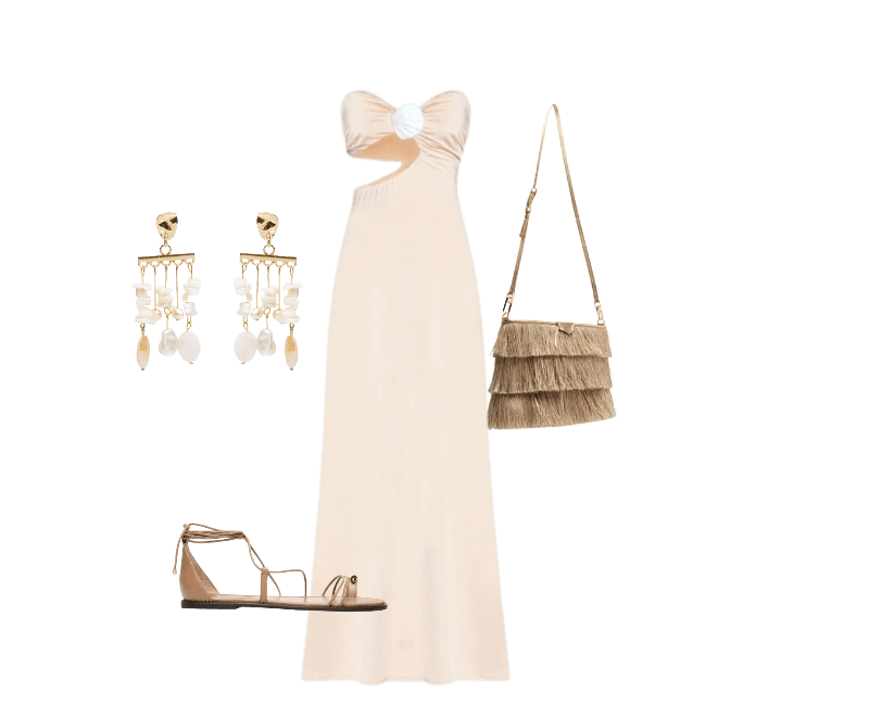Sandália Feminina Salto Rasteiro Marrom Schutz ; Brinco Feminino Madrepérolas Laguna Off White Dress To ; Bolsa Pequena Feminina Ouro Bege Arezzo + Lenny Niemeyer ; Vestido Jersey Com Concha Bege Dress To