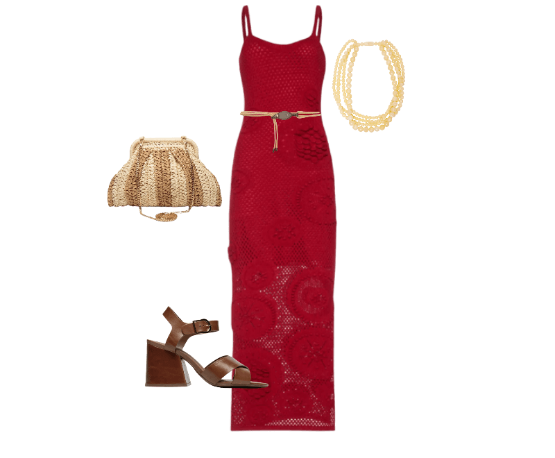 Cinto Feminino Couro Cordão Bege Arezzo + Lenny Niemeyer ; Colar Feminino Mia Bege Le Lis ; Bolsa Feminina De Palha Bicolor Bege Market 33 ; Vestido Midi Em Tricot Vermelho Market 33 ; Sandália Feminina Daisy Salto Bloco Couro Marrom Schutz