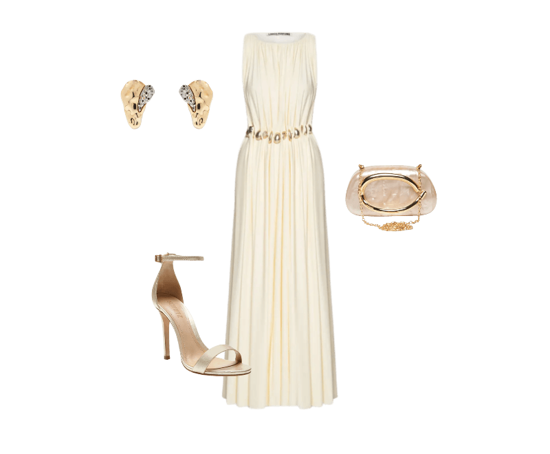 Sandália Feminina Isabelli Couro Dourado Schutz ; Bolsa Feminina Clutch Perolada Com Detalhe Orgânico Metalizado Bege Market 33 ; Vestido Longo Sem Manga Bege Lança Perfume ; Brinco Feminino Gota Orgânica + Druza Metal Fixo Duo Ouro Mix Dourado D'santis Joias