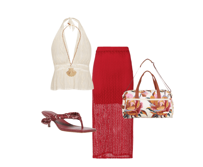 Blusa Feminina Quinn Branco Vix ; Saia Raya Vermelho Triya ; Colar Feminino Medalha Vieira De Palha Dourado Dress To ; Sandália Feminina Mule Urban Vermelho Schutz + Nati Vozza ; Bolsa Feminina Findi Floral Lucia Off White Farm Etc