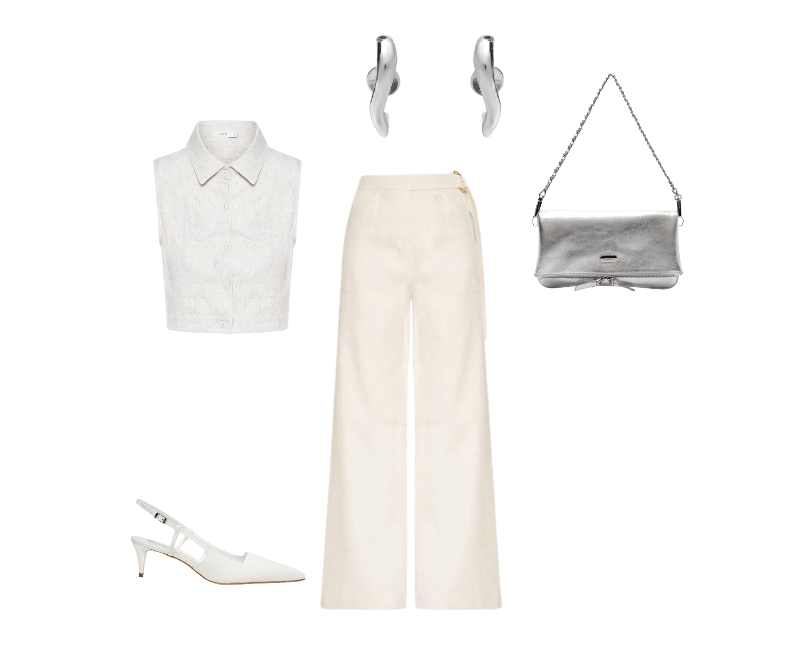 Colete Feminino Com Bolso Cinza Basiq ; Scarpin Bico Fino Em Couro Branco '2Essential ; Calça Feminina Marisa II Bege Le Lis ; Brinco Feminino New Organic Bold Prata Andressa Delamuta ; Bolsa Feminina Tiracolo Couro Média Dobrável Prateado Arezzo