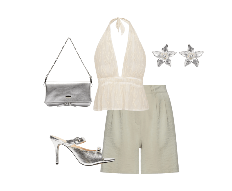 Blusa Feminina Quinn Branco Vix ; Short Feminino Alfaiataria De Pregas Bege Basiq ; Sandália Feminina Metalcolor Prateado Luiza Barcelos ; Brinco Feminino Lírio Prateado Market 33 ; Bolsa Feminina Tiracolo Couro Média Dobrável Prateado Arezzo