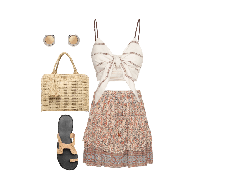 Bolsa Feminina Tiracolo de Palha Bege Basiq ; Saia Curta Babados Estampa Blink Bege Maria Filó ; Sandália Feminina Calçadão Ráfia Bege Osklen ; Top Cropped Double Off White Lança Perfume ; Brinco Feminino Metal Misto Escovado Dourado Basiq