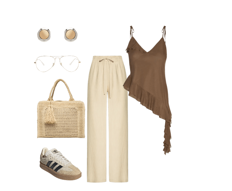 Tênis Unissex Samba Xlg Bege Adidas Originals ; Bolsa Feminina Tiracolo de Palha Bege Basiq ; Calça Feminina Pantalona Leve Bege Basiq ; Brinco Feminino Metal Misto Escovado Dourado Basiq ; Ray ban  ; Blusa Feminina Com Babados Marrom Market 33