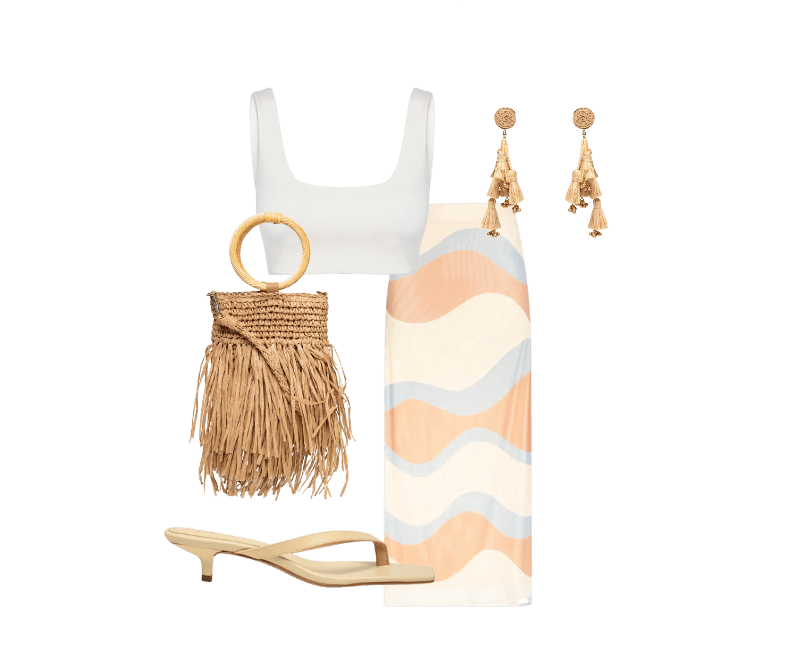 Brinco Feminino Palha Verdejar Bege Dress To ; Bolsa Feminina De Palha Com Franjas Bege Mktbeach ; Sandália Feminina Grease Bege Luiza Barcelos ; Top Feminino Off White Hering Sports ; Saia Cropped Tule Estampa Oceano Bege Dress To