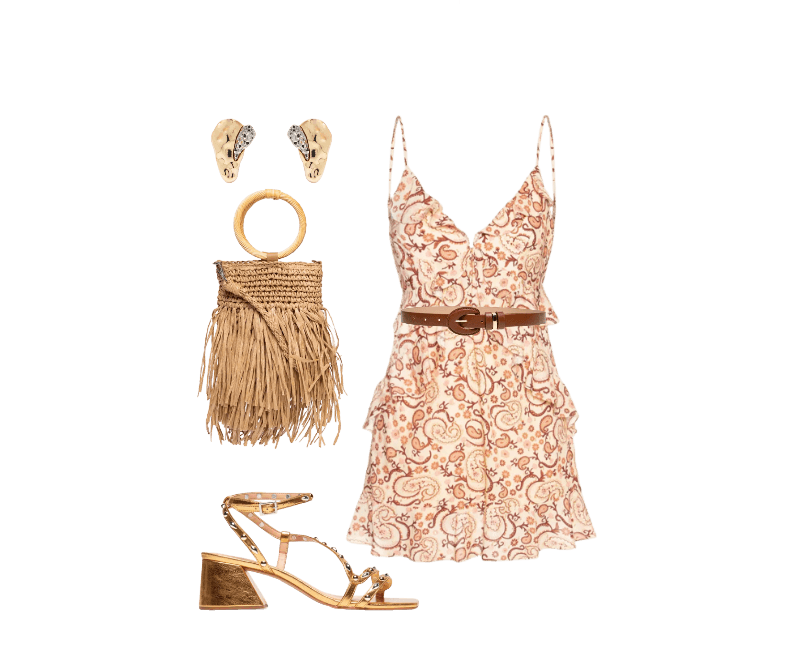 Vestido Curto Luréx Estampa Suspiro Bege Dress To ; Sandália Feminina Metalcolor Dourado Luiza Barcelos ; Bolsa Feminina De Palha Com Franjas Bege Mktbeach ; Cinto Feminino Em Couro Com Fivela Oval Encapada Marrom Market 33 ; Brinco Feminino Gota Orgânica + Druza Metal Fixo Duo Ouro Mix Dourado D'santis Joias