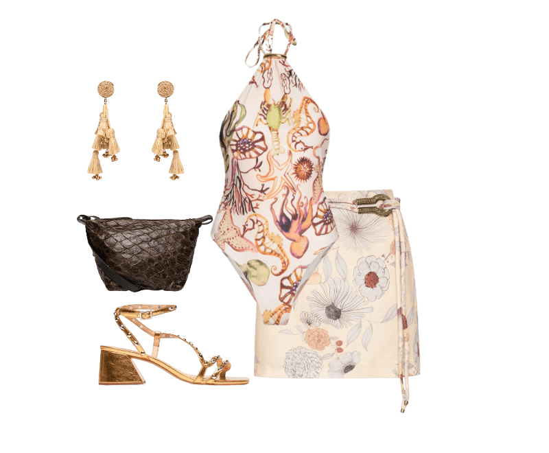 Bolsa Feminina Bakare Large Color Marrom Osklen ; Saia Curta Linho Estampa Fleur Bege Maria Filó ; Maiô Decote Halter Fundo Do Mar Cru Off White Animale Resort ; Sandália Feminina Metalcolor Dourado Luiza Barcelos ; Brinco Feminino Palha Verdejar Bege Dress To