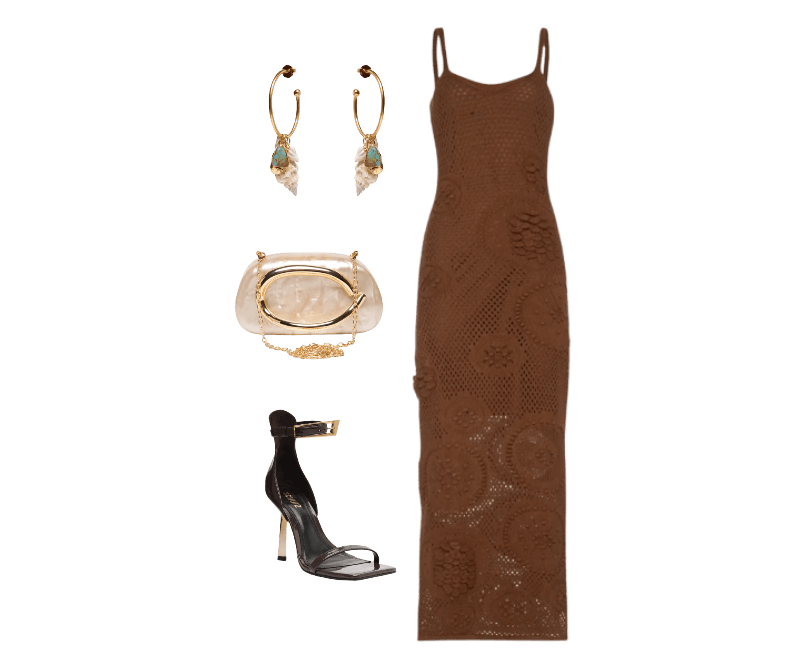 Brinco Feminino Conchas Marés Dourado Dress To ; Vestido Midi Feminino Em Tricot Marrom Market 33 ; Sandália Feminina Ciara Couro Marrom Schutz ; Bolsa Feminina Clutch Perolada Com Detalhe Orgânico Metalizado Bege Market 33