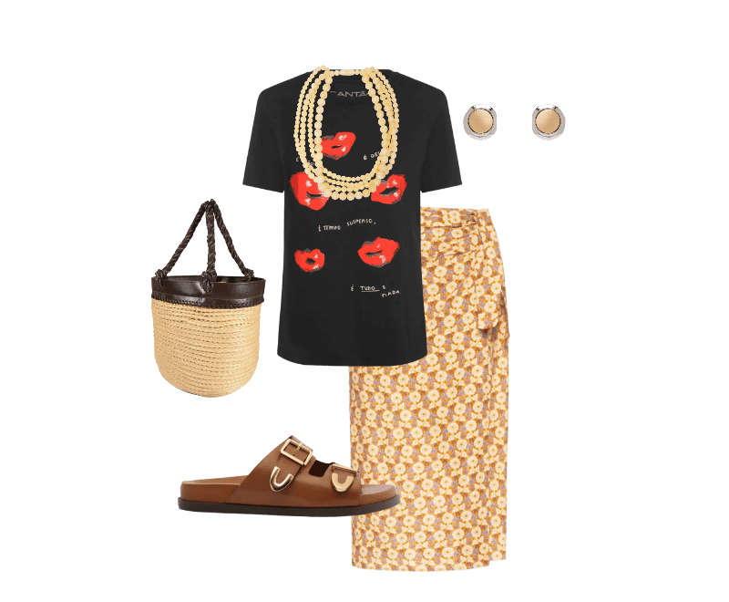 Colar Feminino Mia Bege Le Lis ; Bolsa Feminina Tote Valentina Bege Schutz + Nati Vozza ; Saia Midi Estampa Cali Bege Maria Filó ; Camiseta Feminina Classic Desejo Preto Cantão ; Arezzo  ; Brinco Feminino Metal Misto Escovado Dourado Basiq