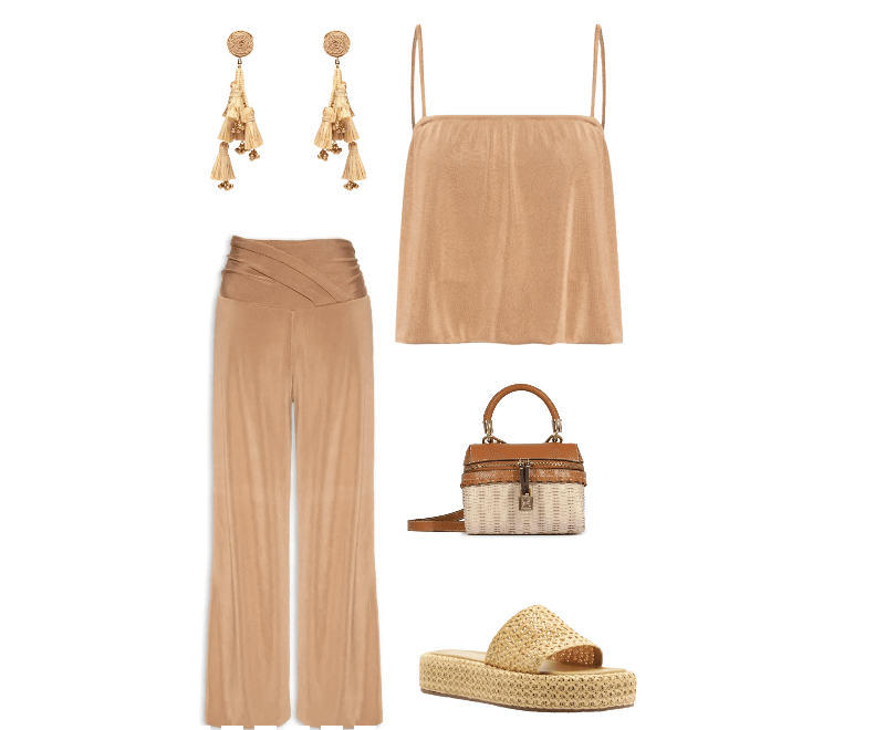 Calça Feminina Balonê Pala Transpasse Bege Maria Filó ; Blusa Feminina Alcinha Balonê Bege Maria Filó ; Brinco Feminino Palha Verdejar Bege Dress To ; Bolsa Feminina Lorena Picnic Mini Couro Bege Schutz ; Sandália Feminina Tamanco Palha Natural Flatform Tira Emma Bege Arezzo