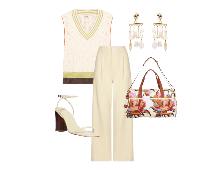 Bolsa Feminina Findi Floral Lucia Off White Farm Etc ; Brinco Feminino Madrepérolas Laguna Off White Dress To ; Calça Feminina Slim Com Pregas Bege Basiq ; Colete Feminino Tricot Bege Hering ; Sandália Feminina Bloco Andy Couro Branco Schutz + Nati Vozza
