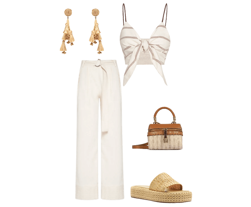 Brinco Feminino Palha Verdejar Bege Dress To ; Bolsa Feminina Lorena Picnic Mini Couro Bege Schutz ; Sandália Feminina Tamanco Palha Natural Flatform Tira Emma Bege Arezzo ; Calça Feminina Pantalona Com Cinto Bege Basiq ; Top Cropped Double Off White Lança Perfume