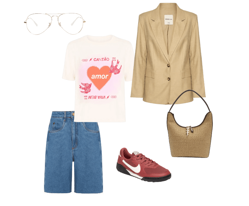 Bermuda Feminina Jeans Costura Deslocada Azul Dress To ; Camiseta Feminina Box Bordada Amor Bege Cantão ; Blazer Feminino Bege Hering ; Tênis Unissex W Terra Manta Vermelho Nike ; Bolsa Feminina Hobo Bege Palha Grande Bege Arezzo + Lenny Niemeyer ; Óculos De Grau Unissex Aviador Dourado Ray-ban