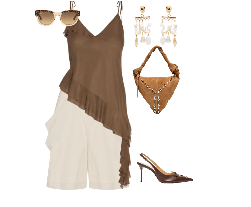 Óculos De Sol Feminino Mega Hawkeye Marrom Ray-ban ; Brinco Feminino Madrepérolas Laguna Off White Dress To ; Bolsa Feminina Grande Camurça Marrom Vicenza + Iorane  ; Scarpin Slingback Sabrine Couro Marrom Schutz ; Blusa Feminina Com Babados Marrom Market 33 ; Short Feminino Prega Alfaiataria com Cinto Bege Animale Jeans